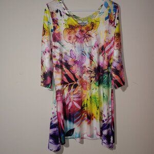 Kristine Asymmetric 3/4 Sleeves V-Neck Floral Tunic Size M Yellow